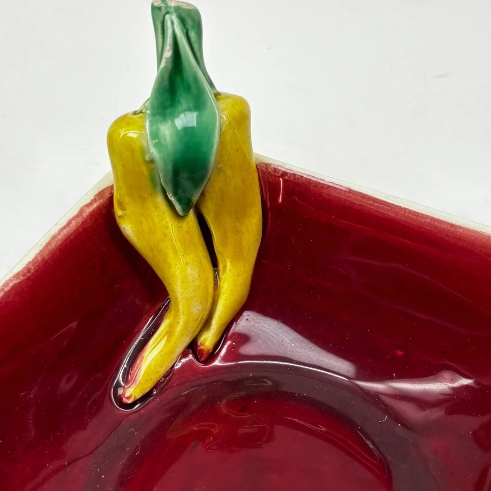 Vintage Italy Ceramic Chili Pepper Bowl Red Black Square Pottery Hand Painted